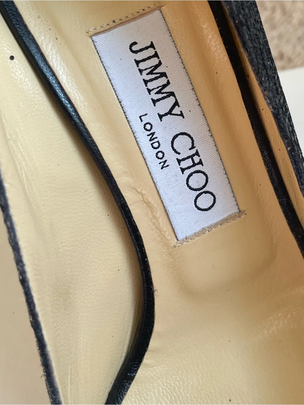 JIMMY CHOO LONDON 247 LUNA Black Glitter Fabric Peep Stiletto Pumps Leather 6.5